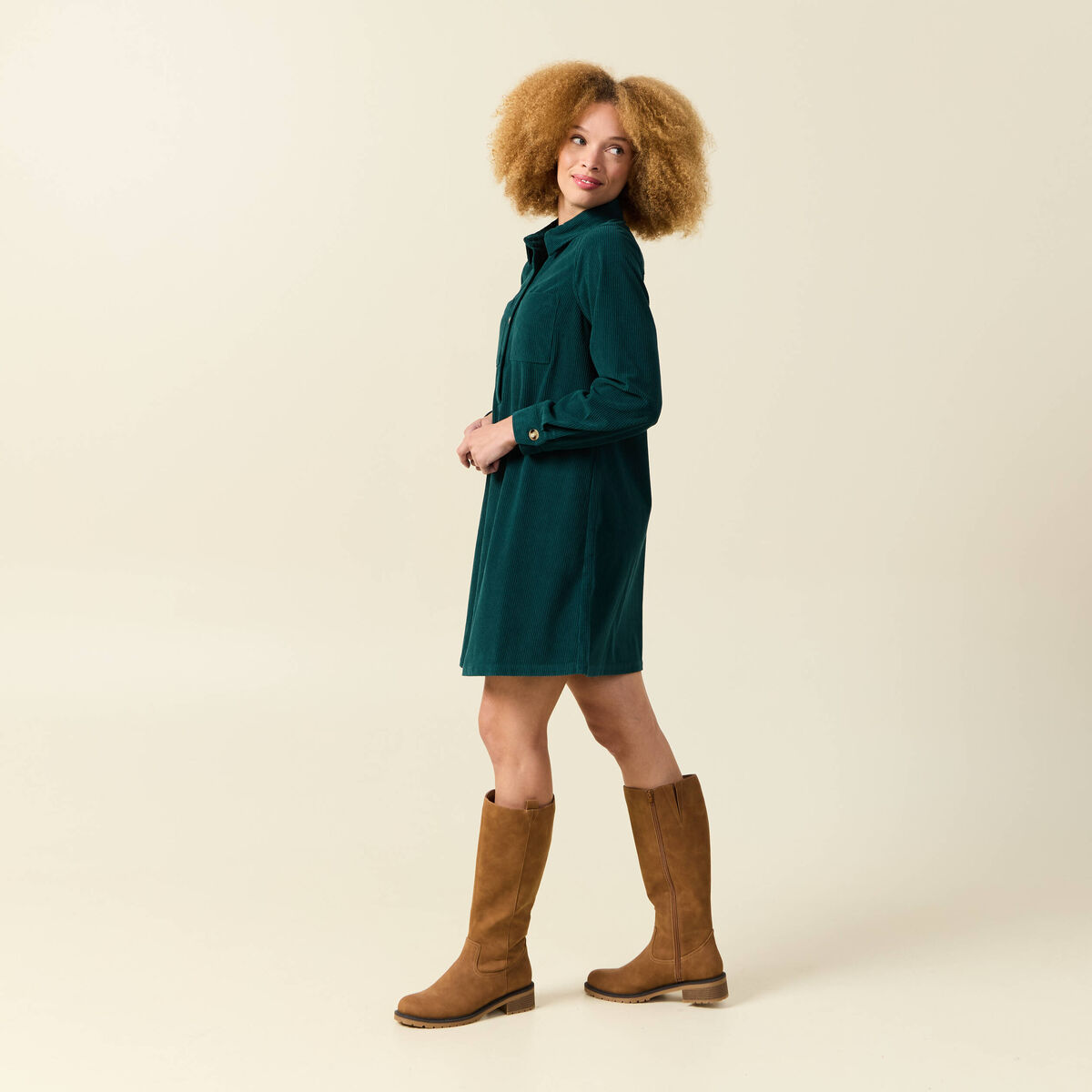 Robe droite velours col polo vert fonc&eacute; femme