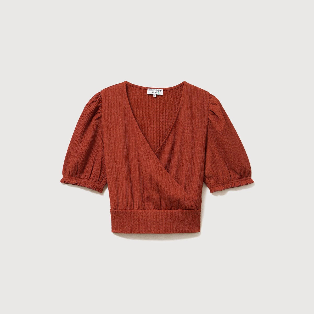 Blouse cropped manches courtes marron cognac femme