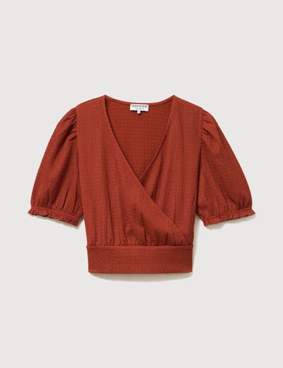 Blouse cropped manches courtes marron cognac femme