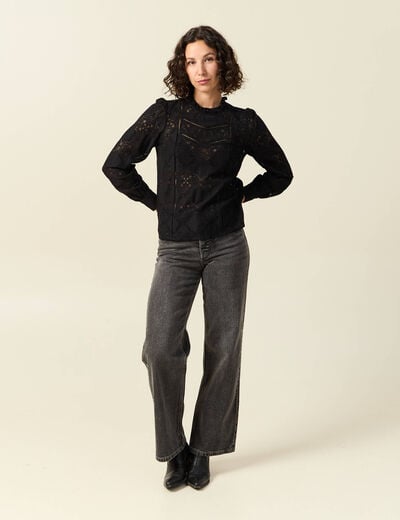 Blouse cintr&eacute;e dentelle manches longues noir femme