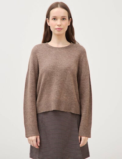 Pull col rond manches longues marron femme