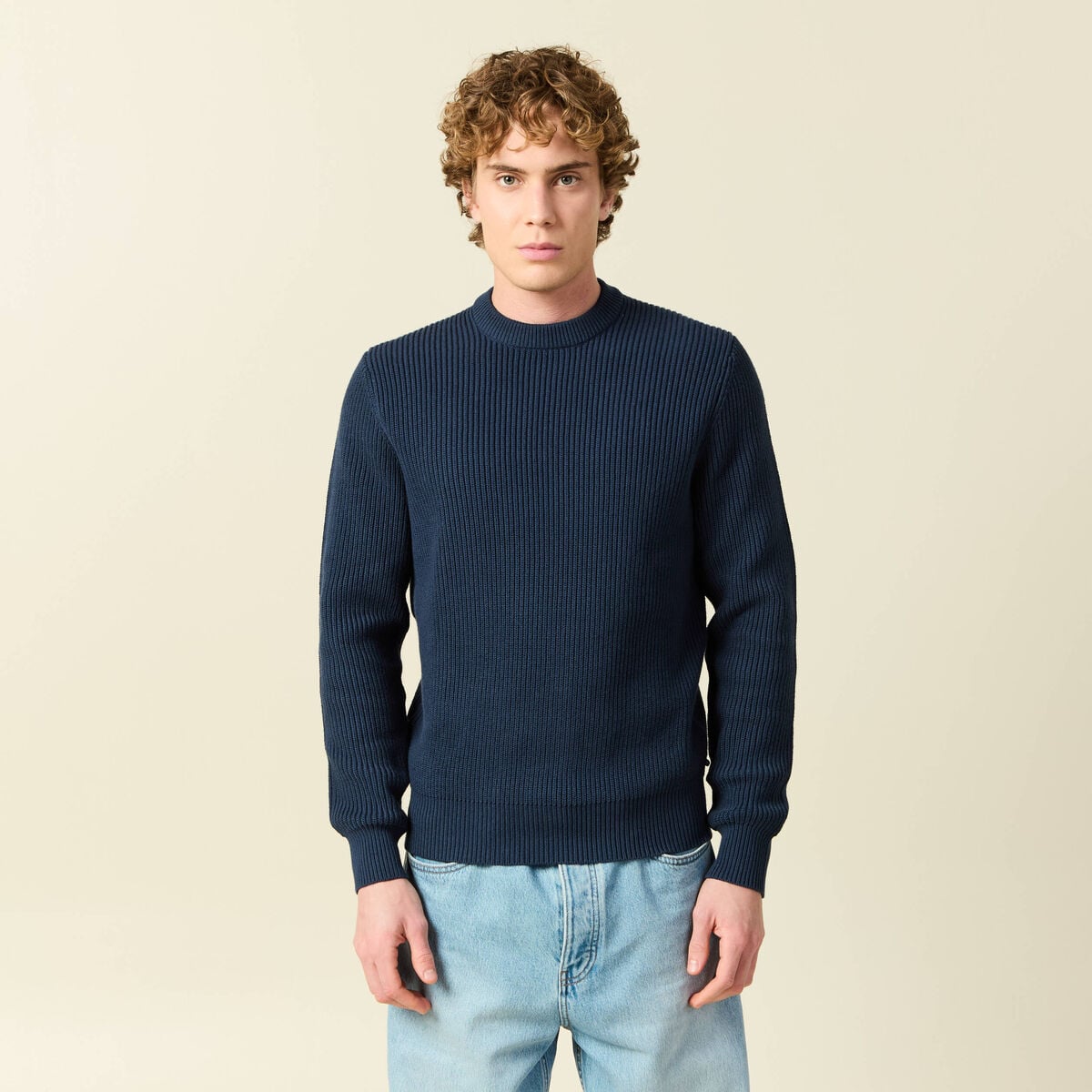 Pull fin manches longues col rond bleu marine homme