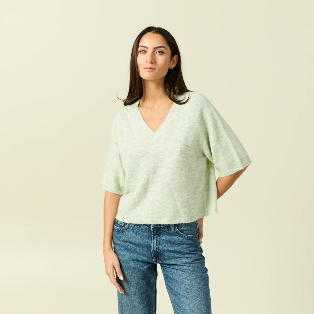 Pull col v manches 3/4 vert femme