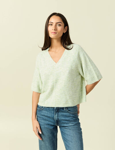 Pull col v manches 3/4 vert femme