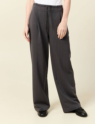 Pantalon large ceinture tissu fluide gris femme