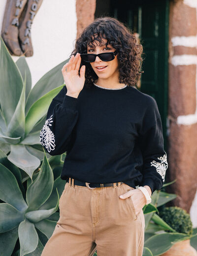 Sweat manches longues brodé noir femme