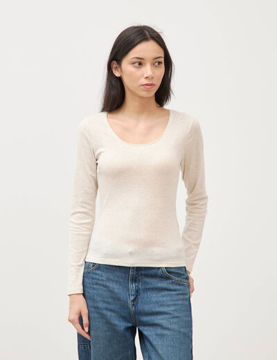 T-shirt cintr&eacute; col rond manches longues beige femme