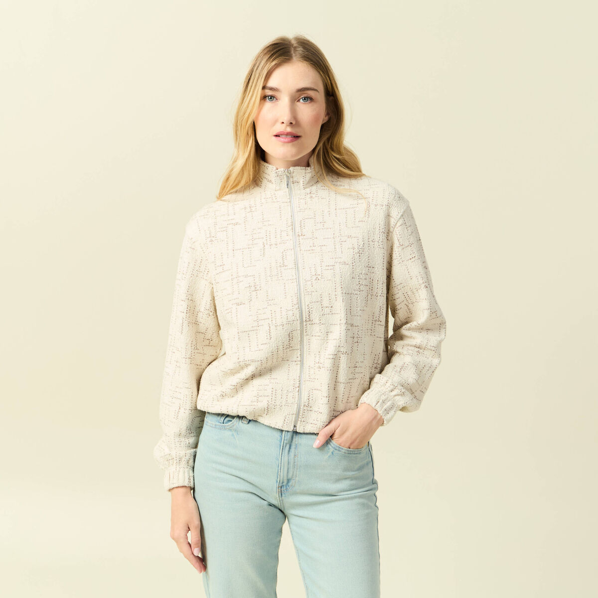 Veste manches longues col montant ecru femme