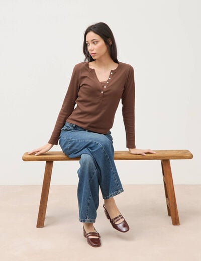 T-shirt cintr&eacute; manches longues marron fonc&eacute; femme