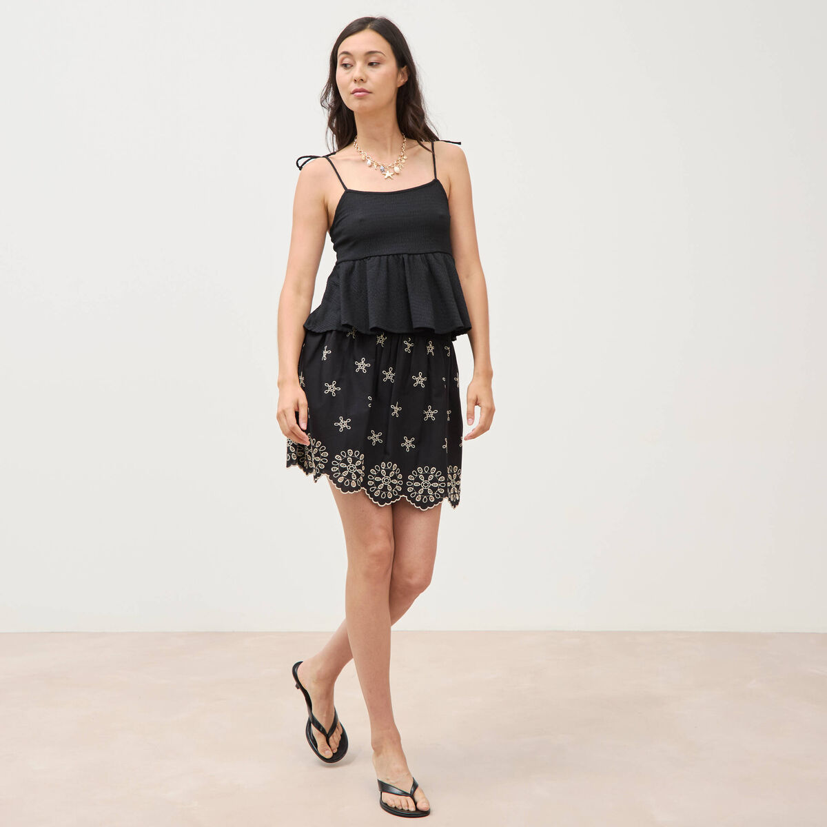 Jupe taille haute doubl&eacute;e en coton noir femme