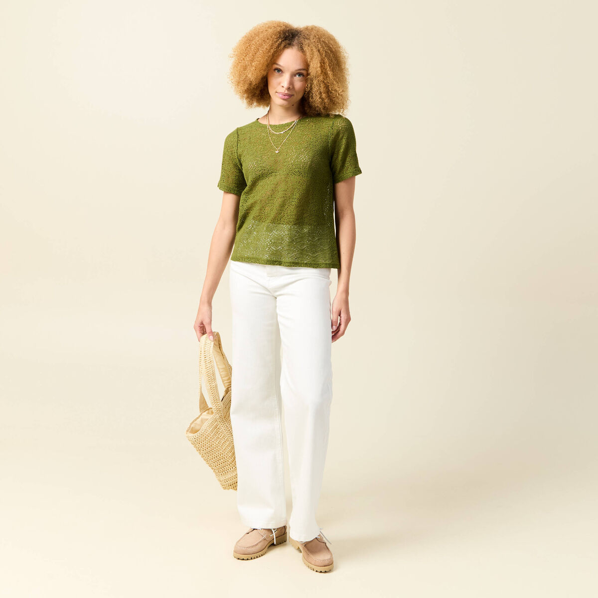 T-shirt manches courtes vert olive femme