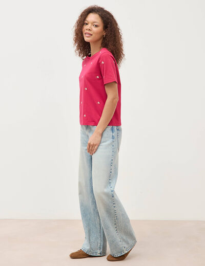 T-shirt droit col rond brod&eacute; en coton rouge clair femme