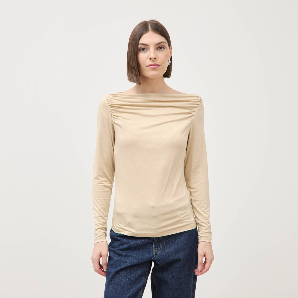 T-shirt ajust&eacute; manches longues bardot beige femme