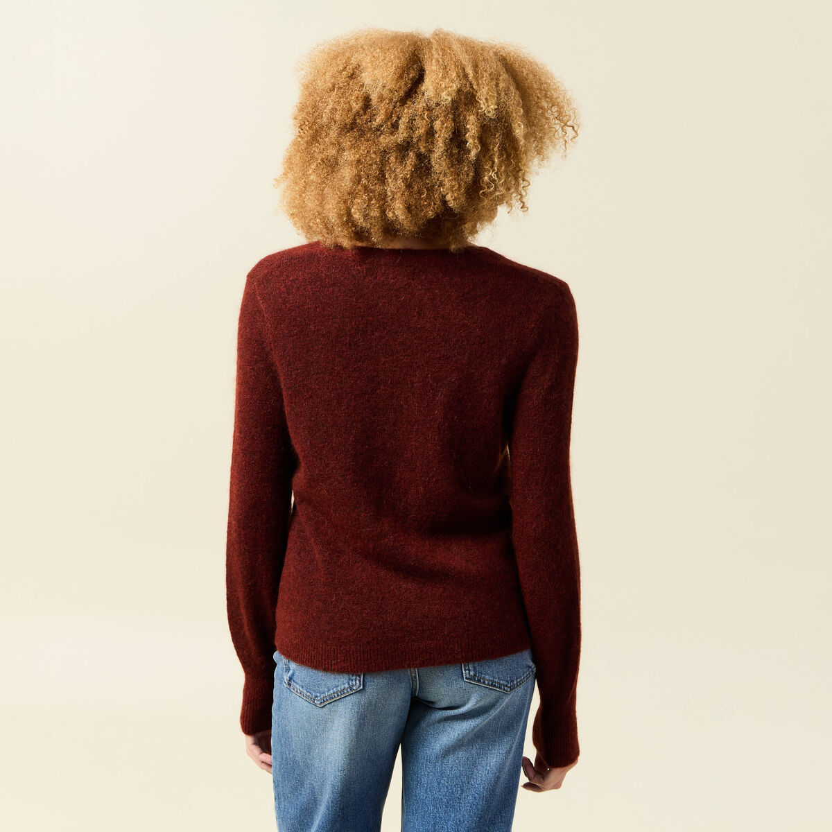 Pull col V manches longues orange fonc&eacute; femme