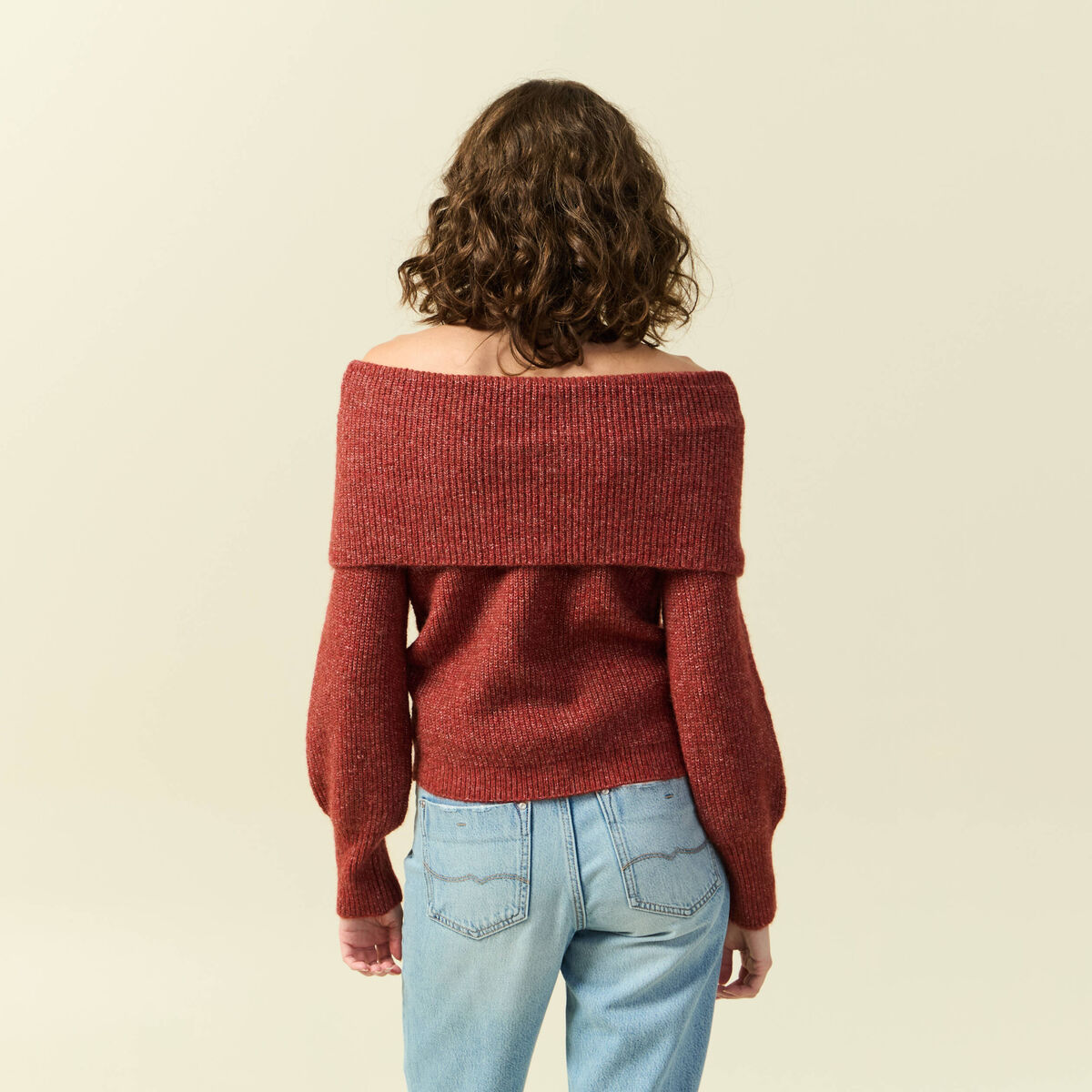 Pull manches longues col bardot vieux rose femme