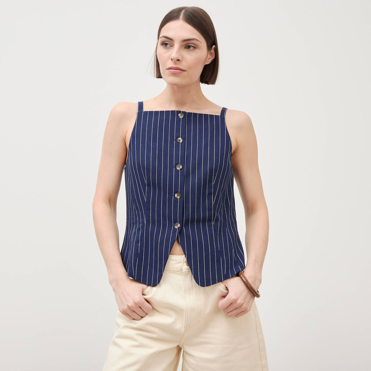 D&eacute;bardeur cintr&eacute; col carr&eacute; &agrave; bretelles bleu femme