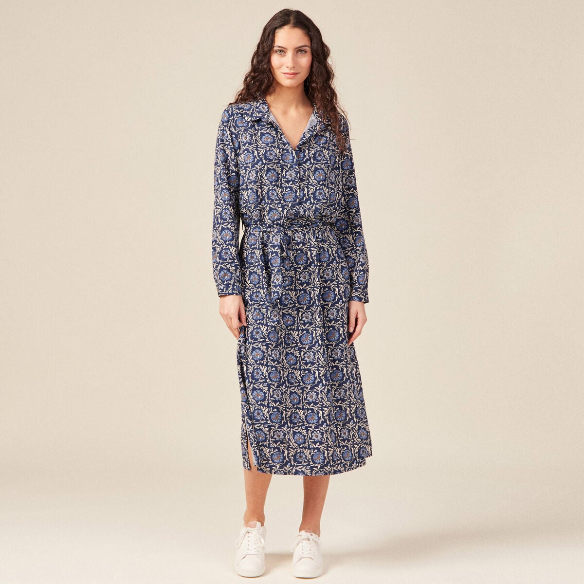 Robe longue droite manches longues bleu femme