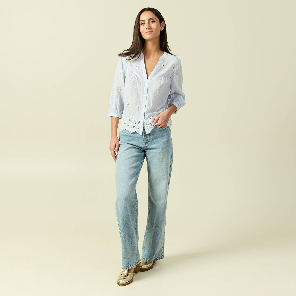 Chemise col tunisien manches 3/4 blanc femme