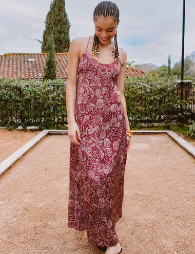 Robe bretelle satin&eacute;e col v marron chocolat femme