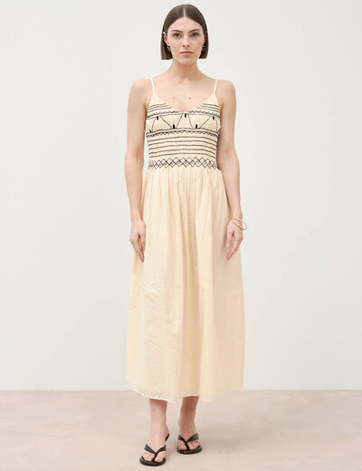 Robe col v &agrave; bretelles en coton creme femme