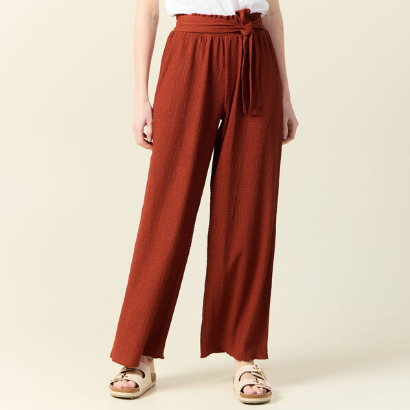 Pantalon large fluide noeud marron cognac femme