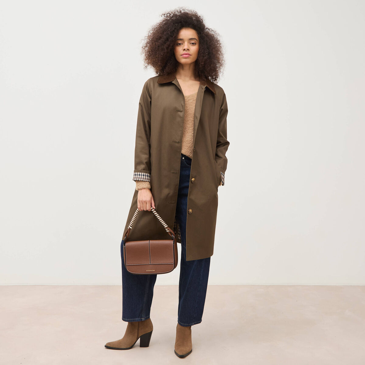 Pull droit col v manches longues camel femme