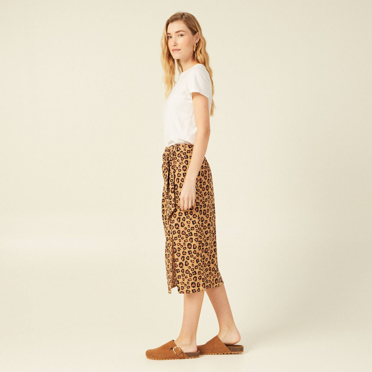 Jupe midi portefeuille fendue sable femme