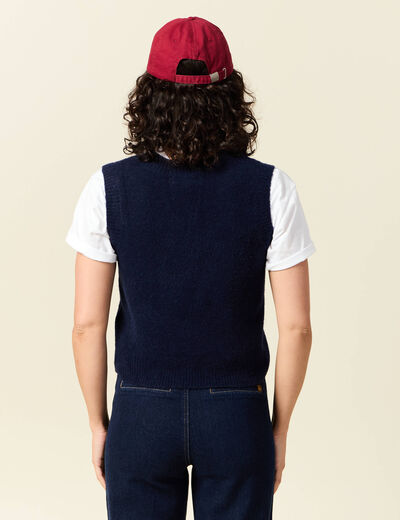 Pull sans manches col en V bleu marine femme