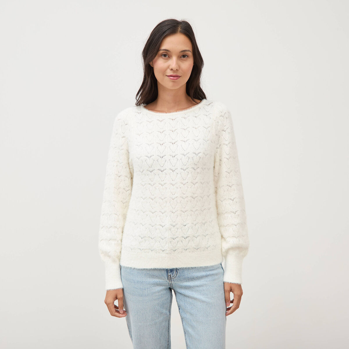 Pull manches longues col bateau ecru femme