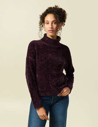 Pull col roul&eacute; manches longues prune femme