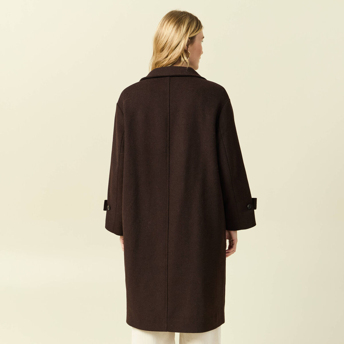 Manteau droit long col montant marron fonc&eacute; femme