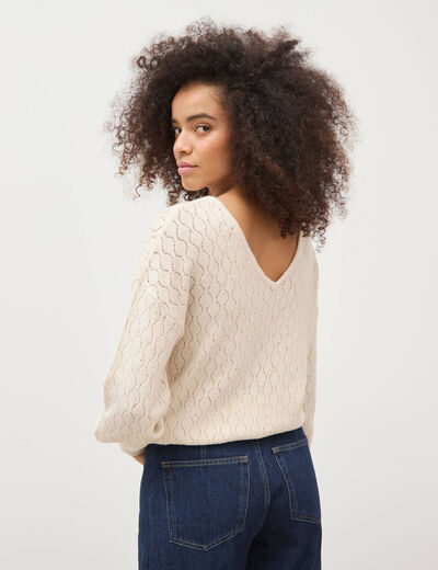 Pull oversize col v manches longues creme femme