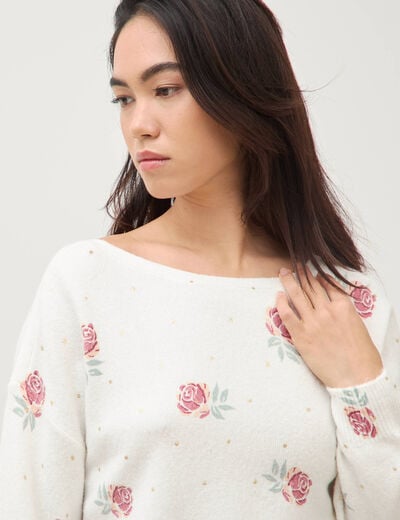 Pull col bateau manches longues ecru femme