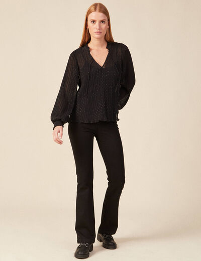 Blouse manches longues pliss&eacute;e noir femme