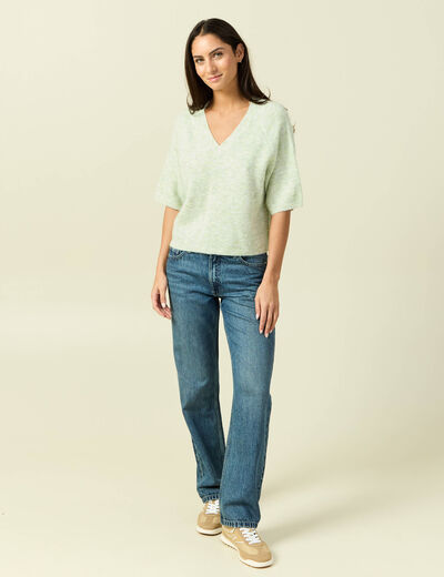 Pull col v manches 3/4 vert femme