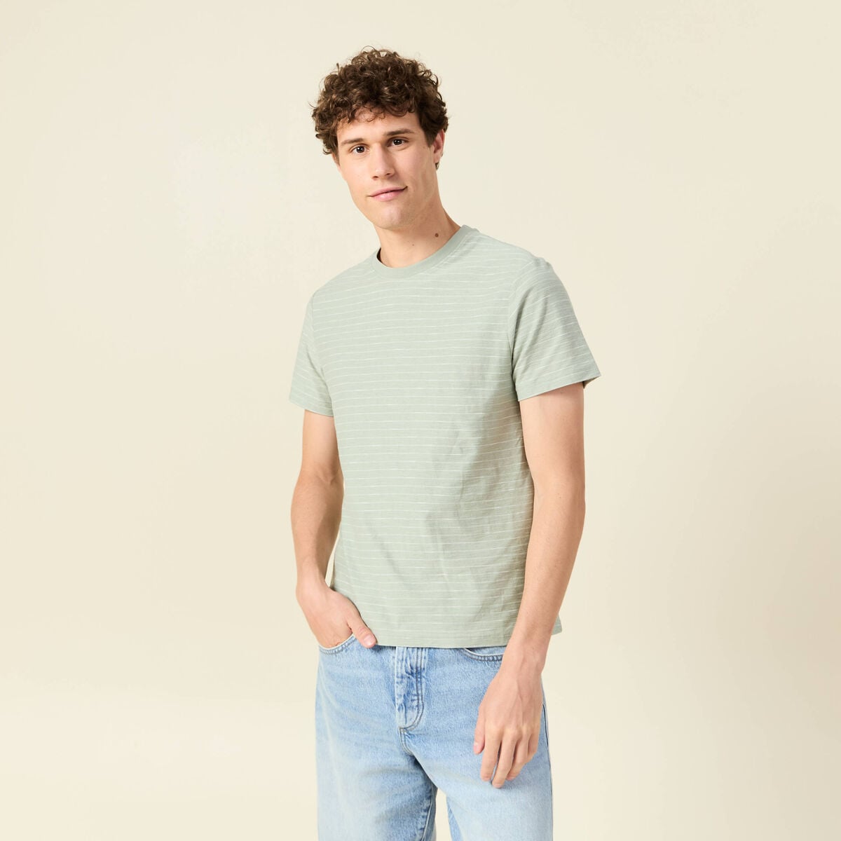 T-shirt ray&eacute; droit manches courtes vert olive homme