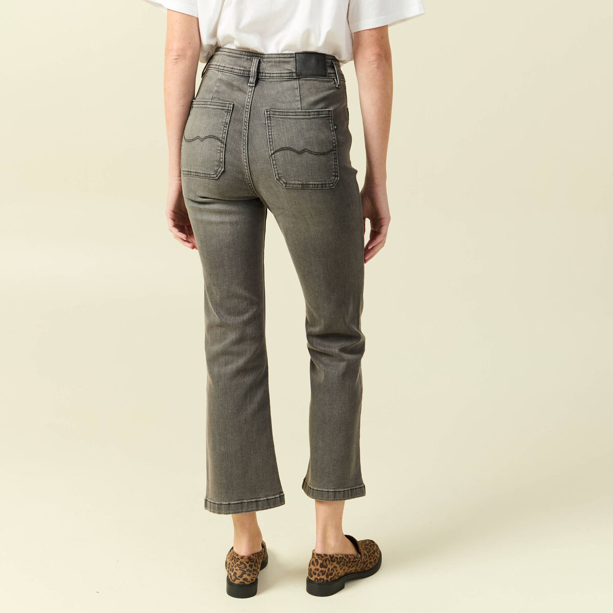 Jeans bootcut cropped taille haute denim gris femme
