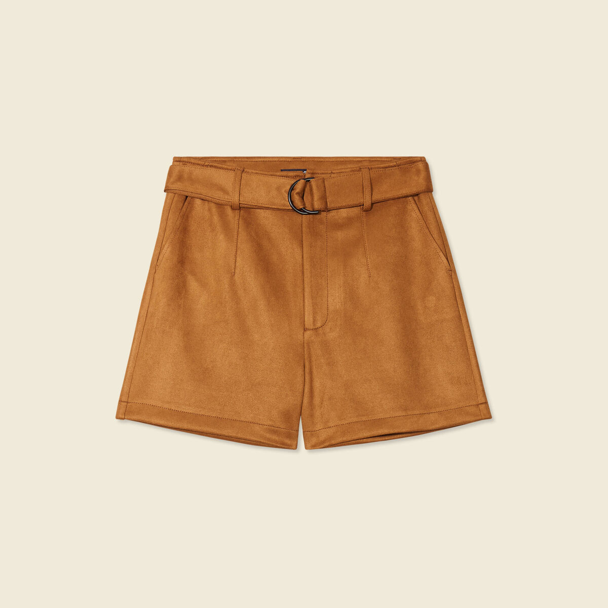 Short droit ceintur&eacute; su&eacute;dine marron femme