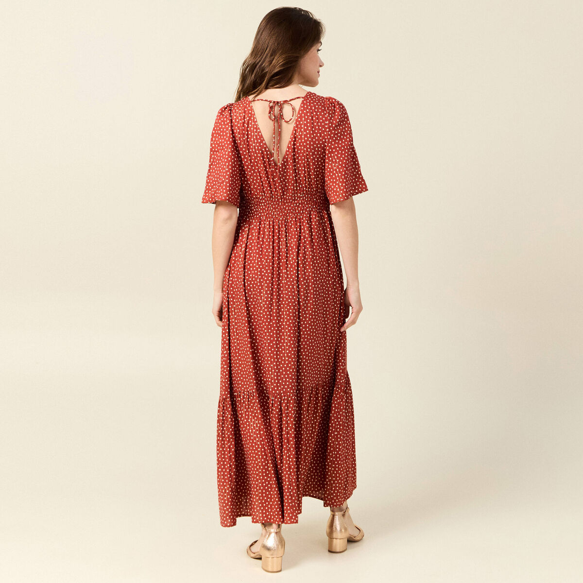 Robe longue évasée fluide orange foncé femme