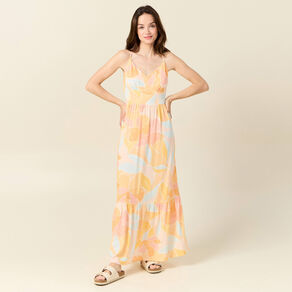 Robe longue évasée à bretelles orange clair femme