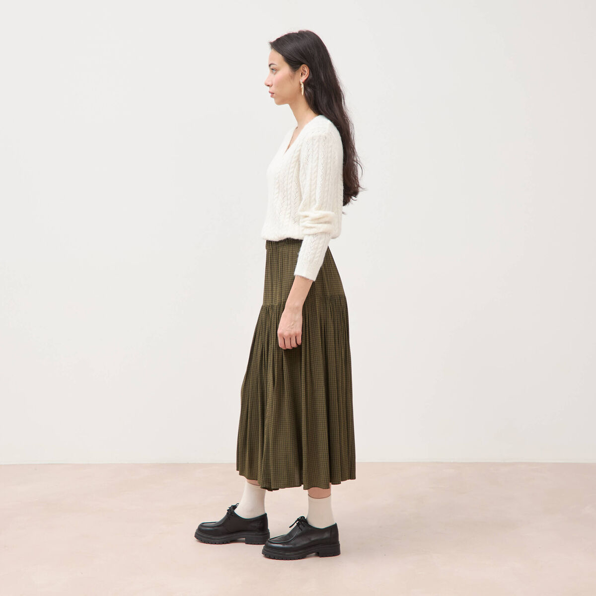 Pull droit col v manches longues ecru femme