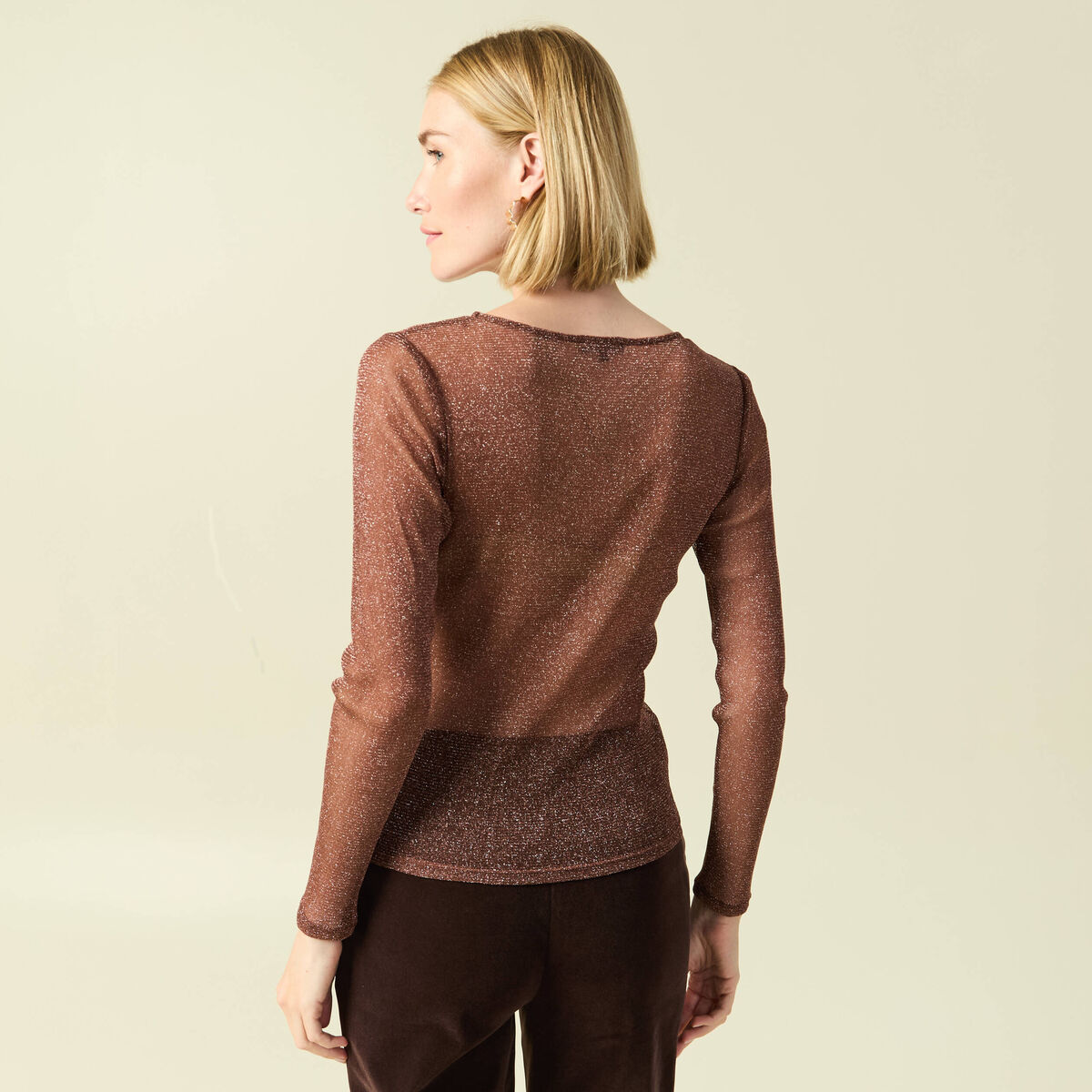 T-shirt manches longues col rond marron femme