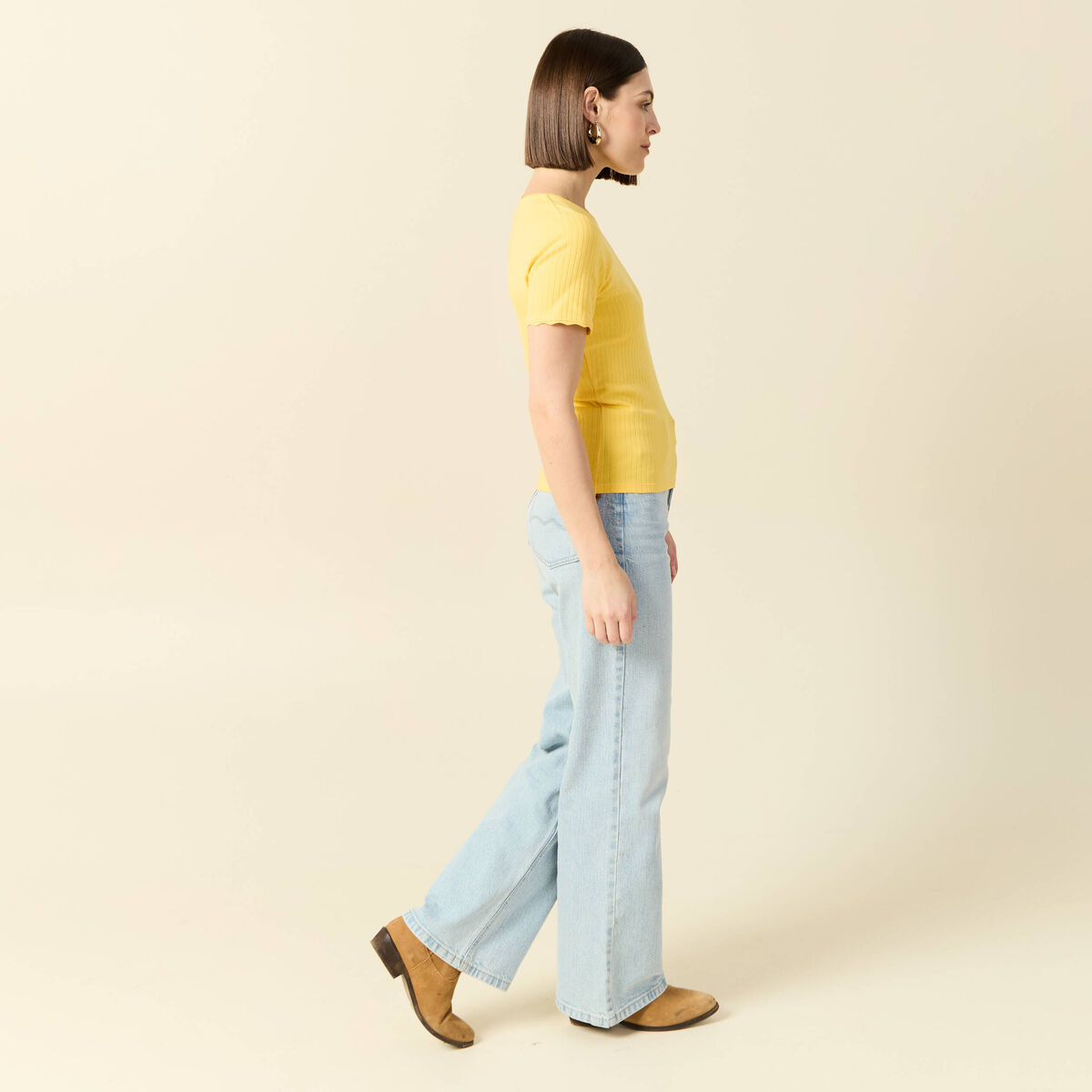 T-shirt manches courtes côtelé jaune femme