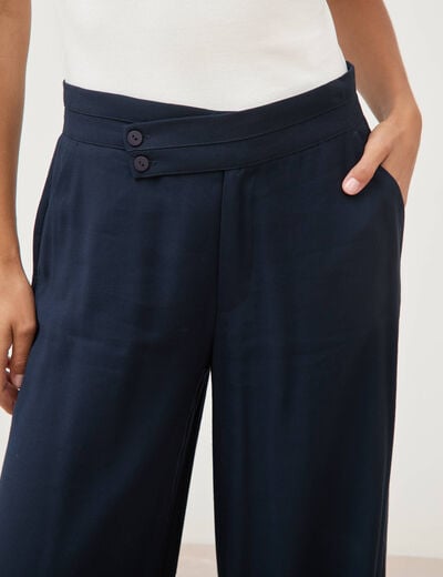Pantalon large taille haute ceinture bleu fonc&eacute; femme
