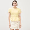 T-shirt fronc&eacute; col rond manches courtes jaune pastel femme