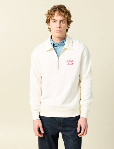 Sweat manches longues col zipp&eacute; en coton ecru homme