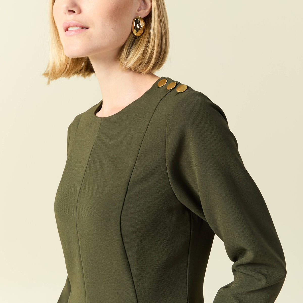 Robe fluide manches longues col rond vert kaki femme