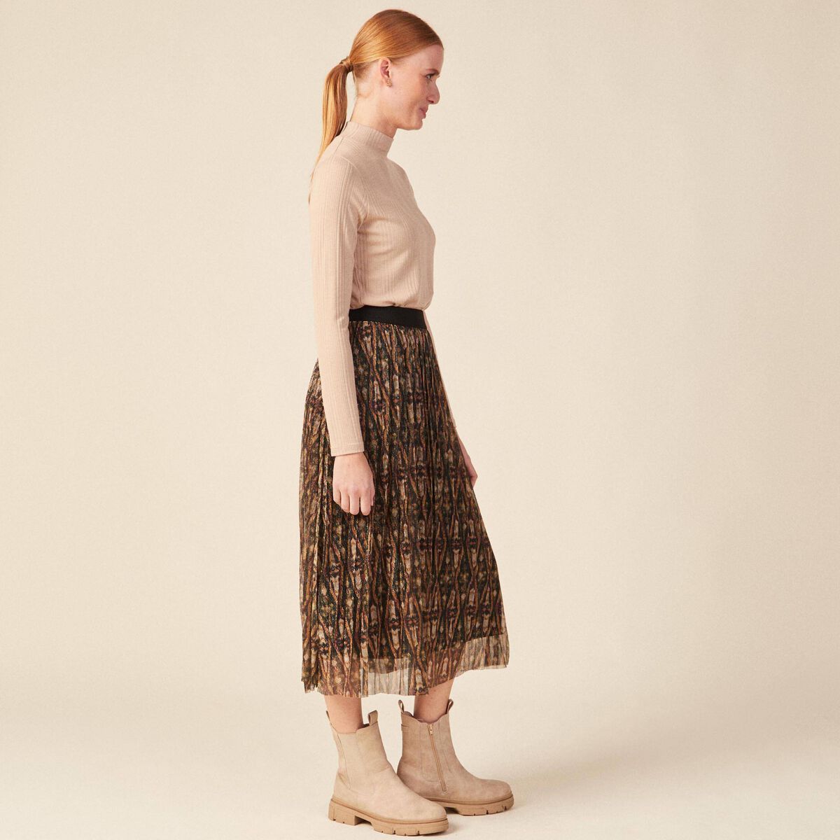 Jupe longue évasée plissée camel femme