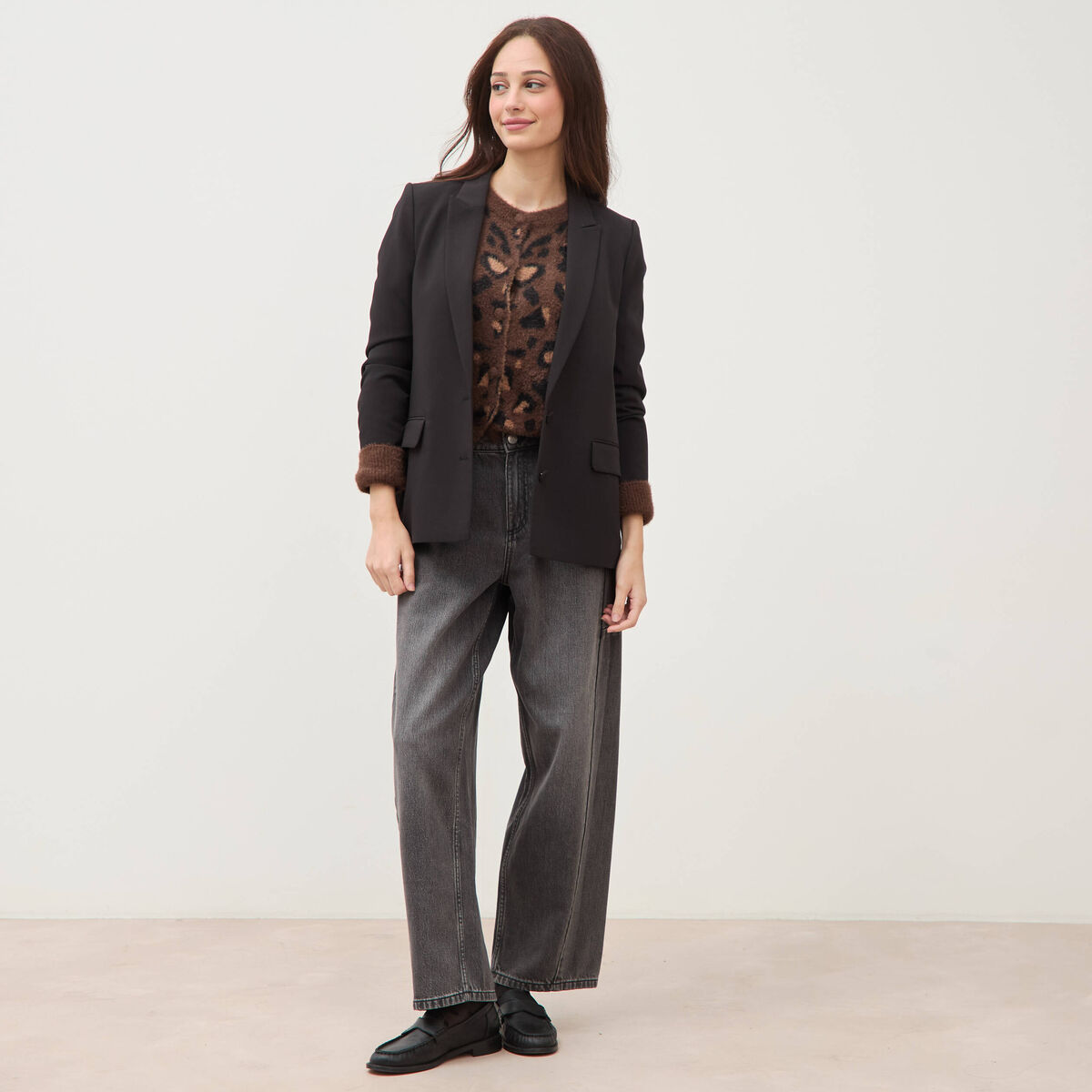 Gilet manches longues col rond marron fonc&eacute; femme