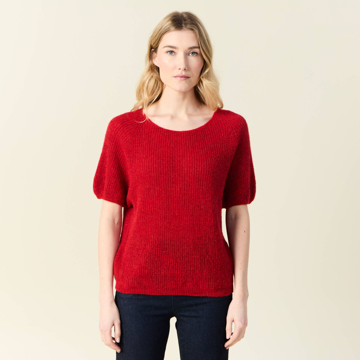 Pull manches courtes rose framboise femme